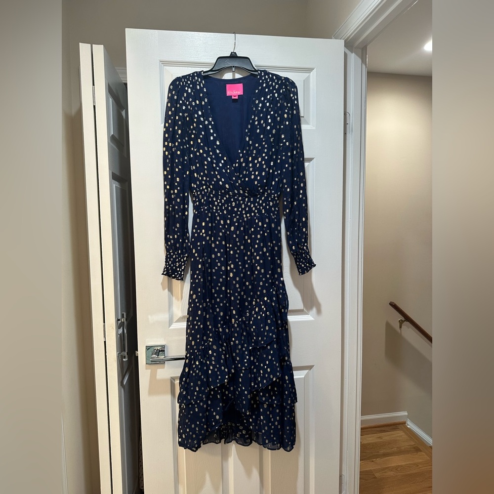 Chiffon ruffle Navy gold metallic fish clip Dot Dress